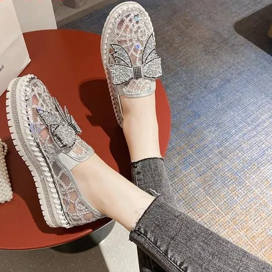 Crystals Round Toe Leather Flats Shoes Women Silver Bling Loafers Couple Platform Shoes Woman Flat With Students Size 43 Loafers Sandro