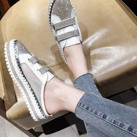 Crystals Round Toe Leather Flats Shoes Women Silver Bling Loafers Couple Platform Shoes Woman Flat With Students Size 43 Vegan Penny Loafers