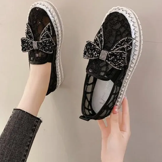 Crystals Round Toe Leather Flats Shoes Women Silver Bling Loafers Couple Platform Shoes Woman Flat With Students Size 43 Mens Shoes Loafers