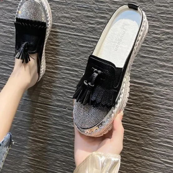 Loafers Tan Crystals Round Toe Leather Flats Shoes Women Silver Bling Loafers Couple Platform Shoes Woman Flat With Students Size 43