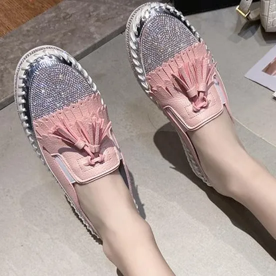 Crystals Round Toe Leather Flats Shoes Women Silver Bling Loafers Couple Platform Shoes Woman Flat With Students Size 43 Hogan Loafers