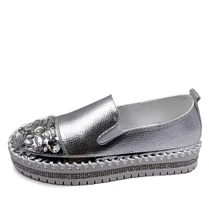 Best Lug Sole Loafers Crystals Round Toe Leather Flats Shoes Women Silver Bling Loafers Couple Platform Shoes Woman Flat With Students Size 43