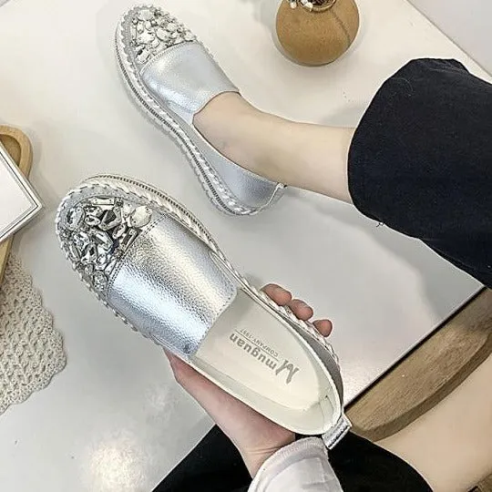 Best Loafers For Narrow Feet Crystals Round Toe Leather Flats Shoes Women Silver Bling Loafers Couple Platform Shoes Woman Flat With Students Size 43