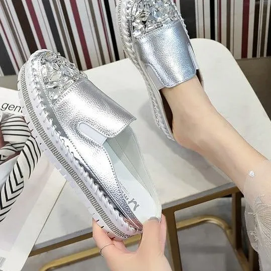 Crystals Round Toe Leather Flats Shoes Women Silver Bling Loafers Couple Platform Shoes Woman Flat With Students Size 43 Loafers Slipping