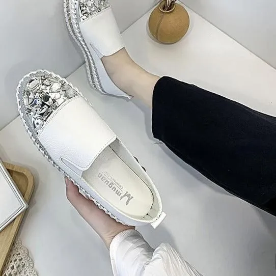 Crystals Round Toe Leather Flats Shoes Women Silver Bling Loafers Couple Platform Shoes Woman Flat With Students Size 43 Plain Loafers