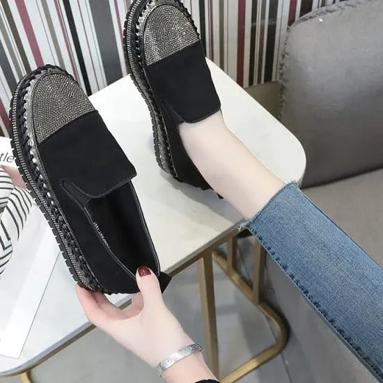 Crystals Round Toe Leather Flats Shoes Women Silver Bling Loafers Couple Platform Shoes Woman Flat With Students Size 43 Clarks Penny Loafers