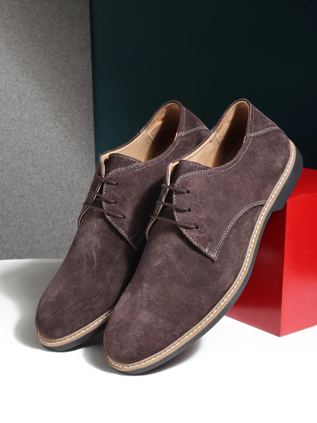 Teakwood Men Brown Solid Round Toe Suede Derbys Long Skirt With Sneakers