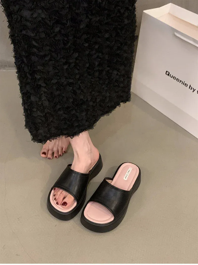 binfenxie 2024 Summer Chunky Women Slippers Fashion Elegant Open Toe Slides Shoes Ladies Outdoor Beach Platform Flats Sandalias Open Toe House Slippers