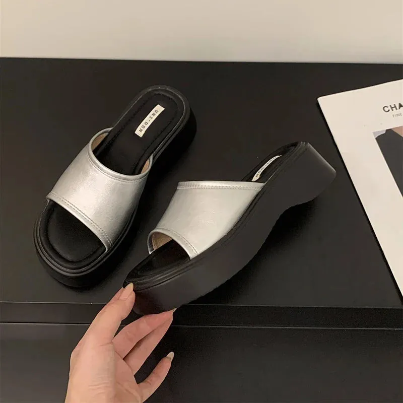 binfenxie 2024 Summer Chunky Women Slippers Fashion Elegant Open Toe Slides Shoes Ladies Outdoor Beach Platform Flats Sandalias Wool Felt Slippers