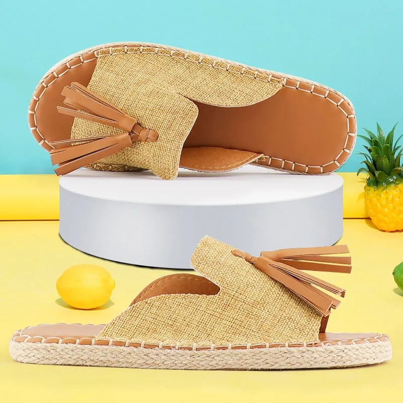2022 Summer Women Flats Sandals Slides Tassel Casual Hemp Rope Slides Espadrille Flip Flops Resorts Beach Shoes Women Sandals Flip Flops Recommended By Podiatrists