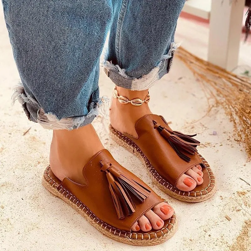 2022 Summer Women Flats Sandals Slides Tassel Casual Hemp Rope Slides Espadrille Flip Flops Resorts Beach Shoes Women Sandals Best Supportive Flip Flops