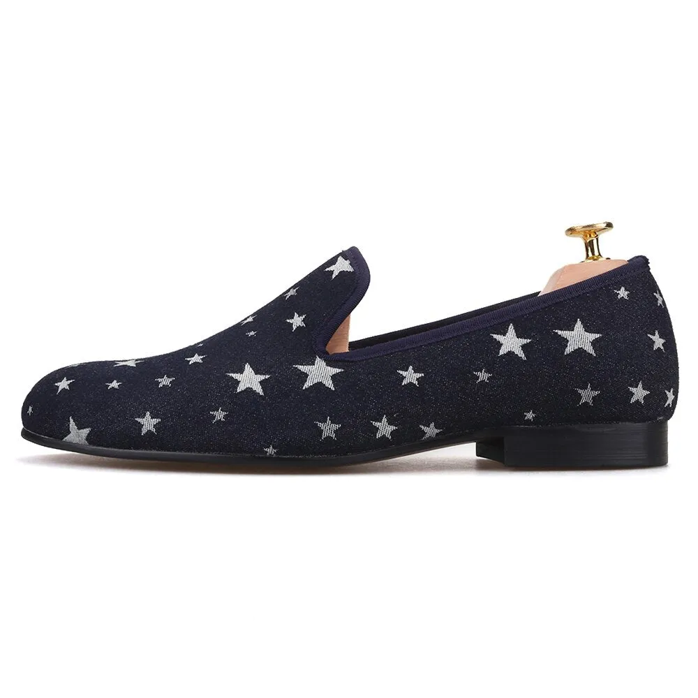 Penny Loafers Outfit Star printed navy blue color men loafers