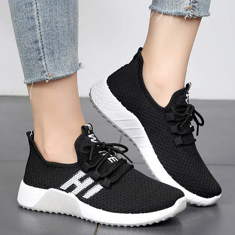 Square Toe Sneakers Breathable Mesh Female tennis Design Black shoes