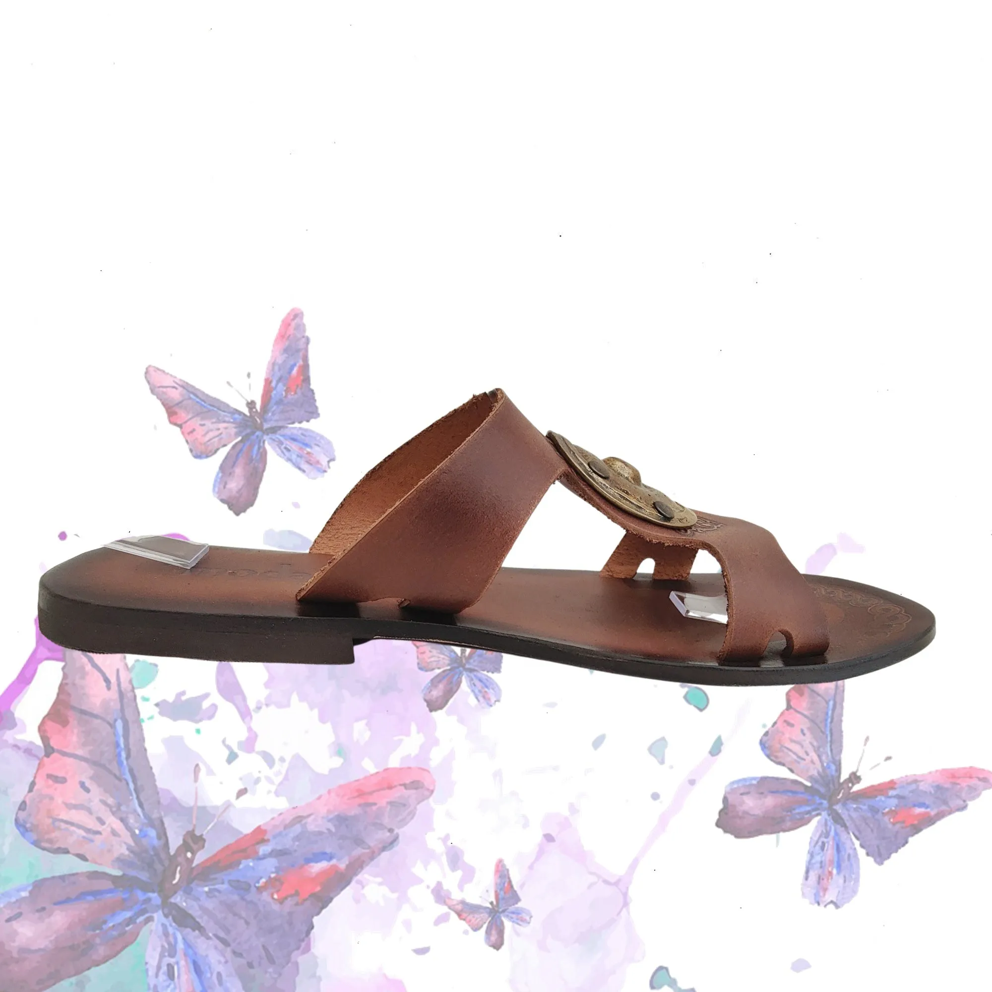 Handcrafted Vegetal Leather Sandal for Women with Ethnic Brass Ornament-Life Style Summer Shoes-Gift Flip Flop Fashion Footwear. Solay Thong Flip Flops