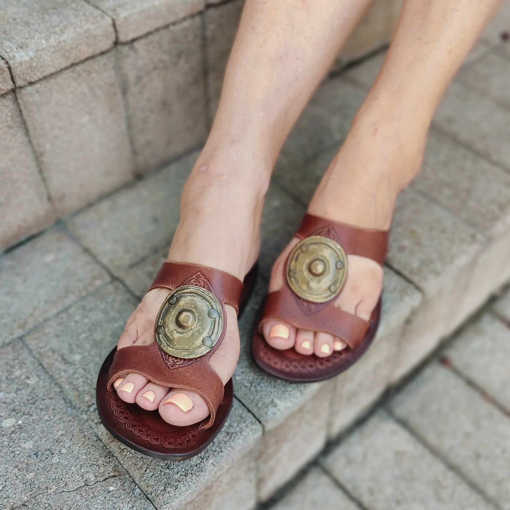 Handcrafted Vegetal Leather Sandal for Women with Ethnic Brass Ornament-Life Style Summer Shoes-Gift Flip Flop Fashion Footwear. Paris Flip Flops