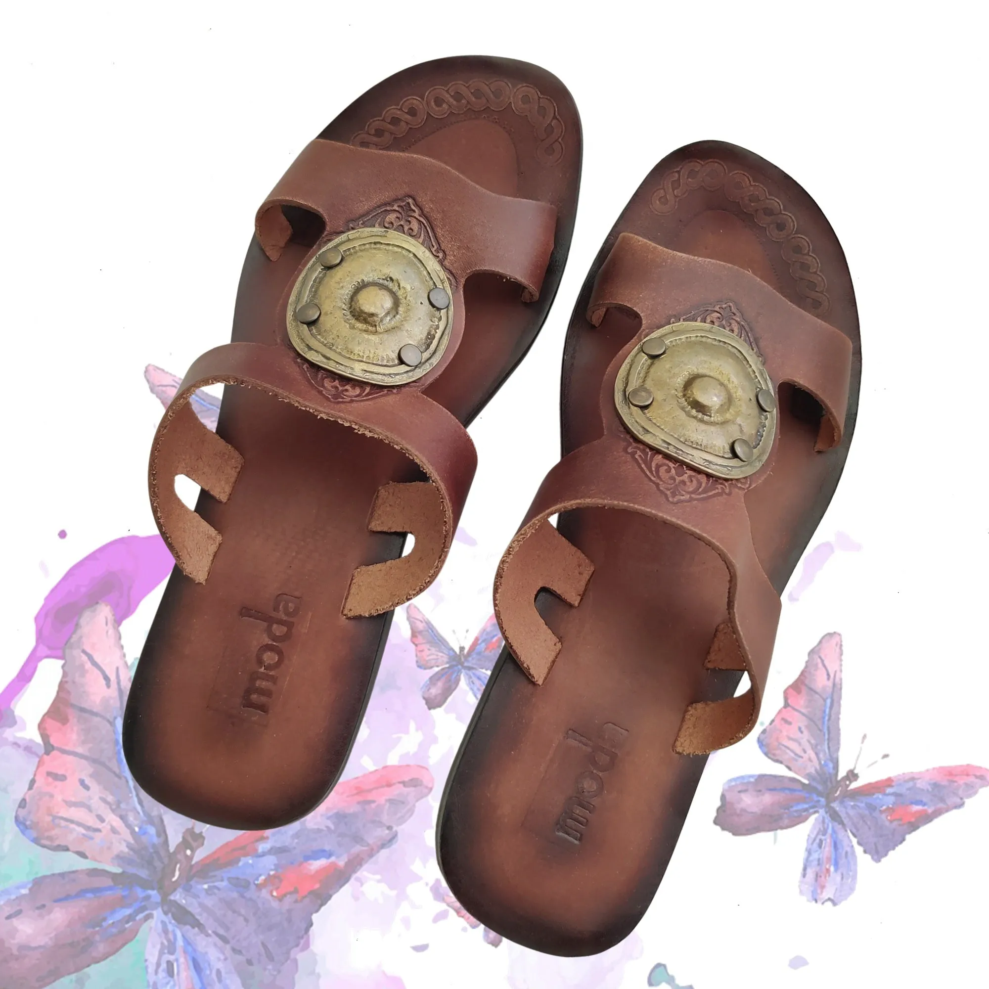 Handcrafted Vegetal Leather Sandal for Women with Ethnic Brass Ornament-Life Style Summer Shoes-Gift Flip Flop Fashion Footwear. So Glitter Flip Flops