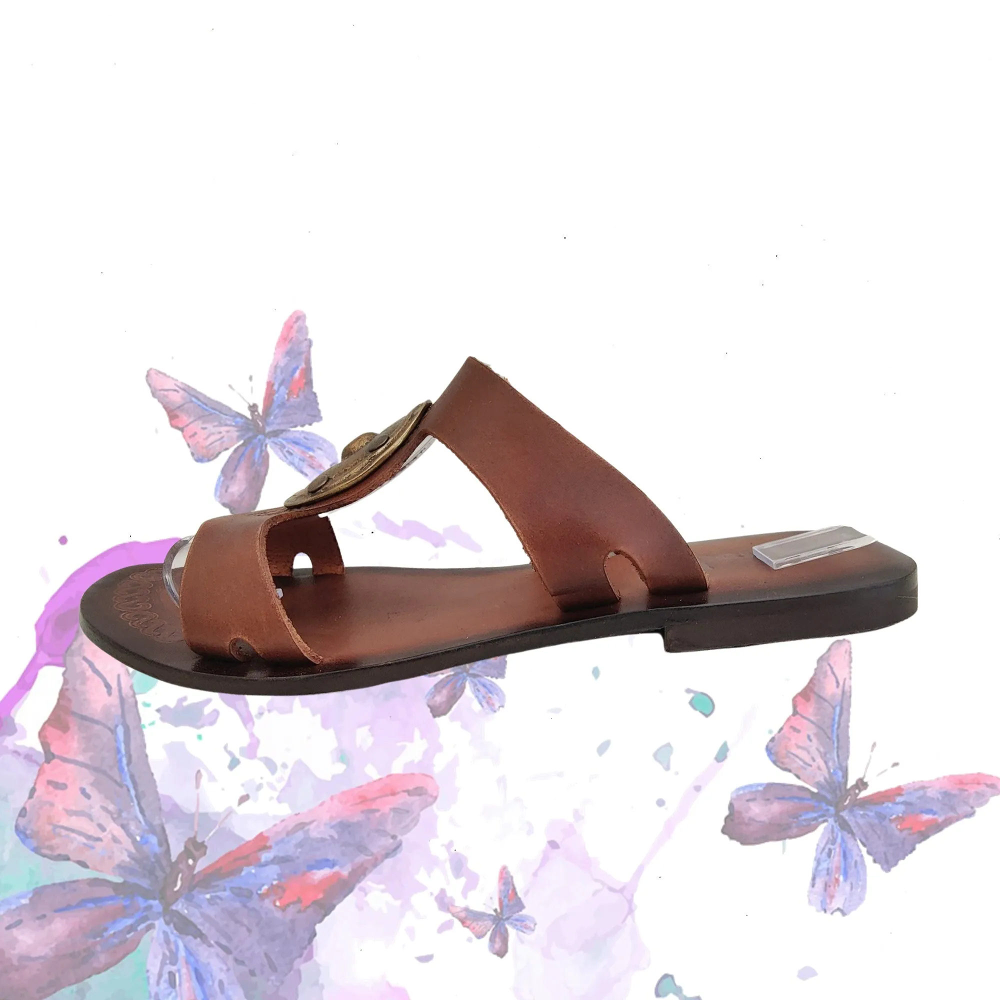 Flip Flop Mobiles Handcrafted Vegetal Leather Sandal for Women with Ethnic Brass Ornament-Life Style Summer Shoes-Gift Flip Flop Fashion Footwear.