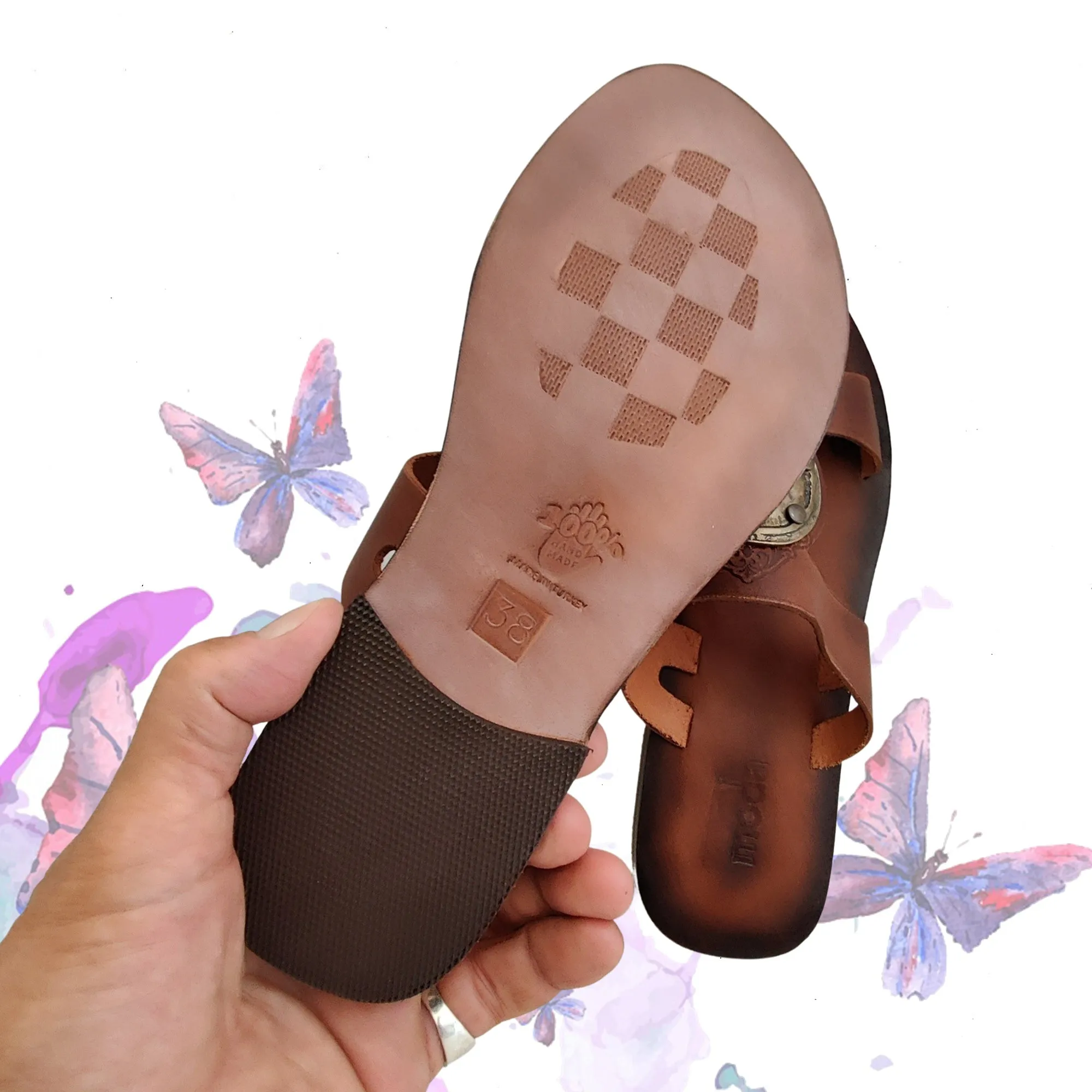 Christopher Esber Clear Flip Flops Handcrafted Vegetal Leather Sandal for Women with Ethnic Brass Ornament-Life Style Summer Shoes-Gift Flip Flop Fashion Footwear.