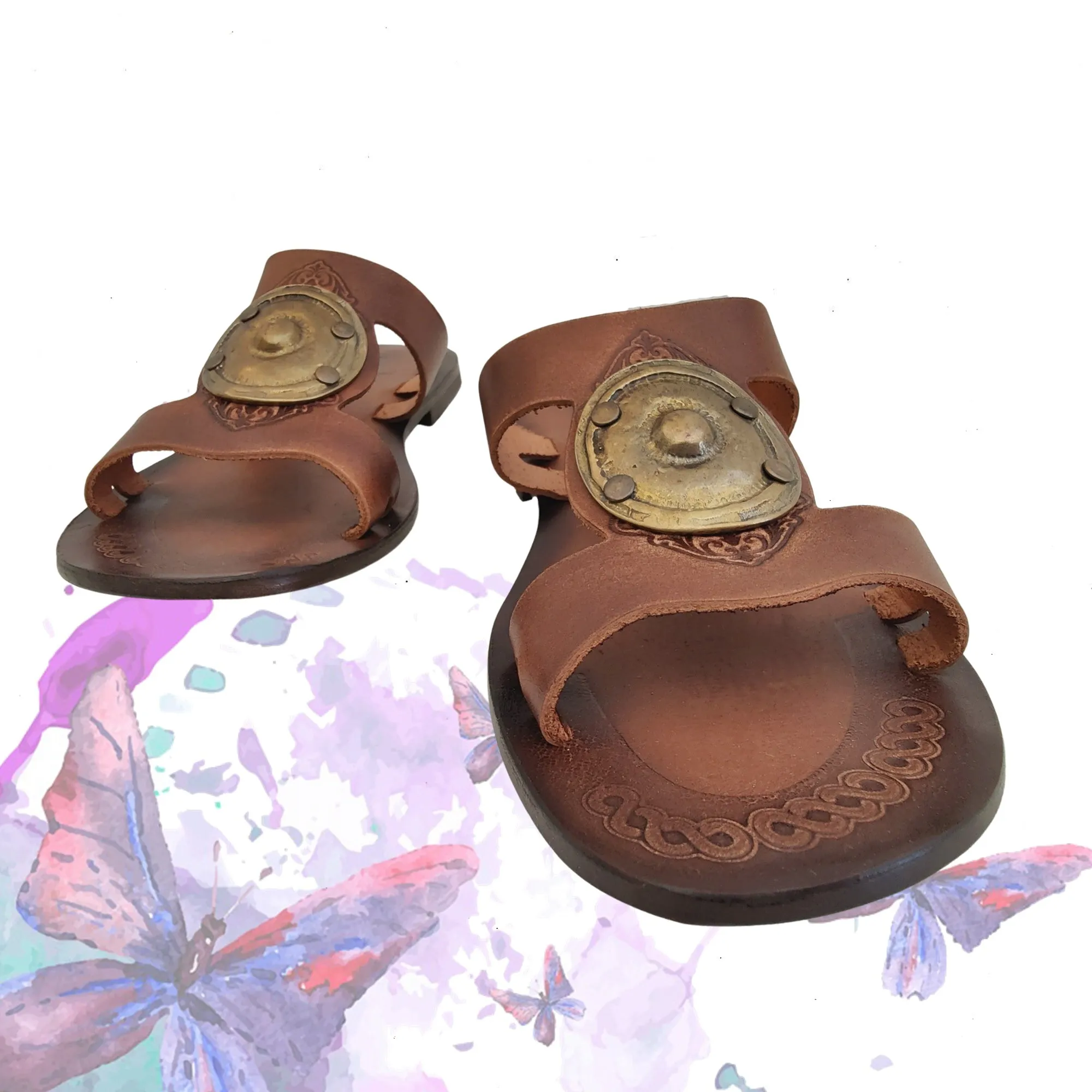 Handcrafted Vegetal Leather Sandal for Women with Ethnic Brass Ornament-Life Style Summer Shoes-Gift Flip Flop Fashion Footwear. Street Flip Flops