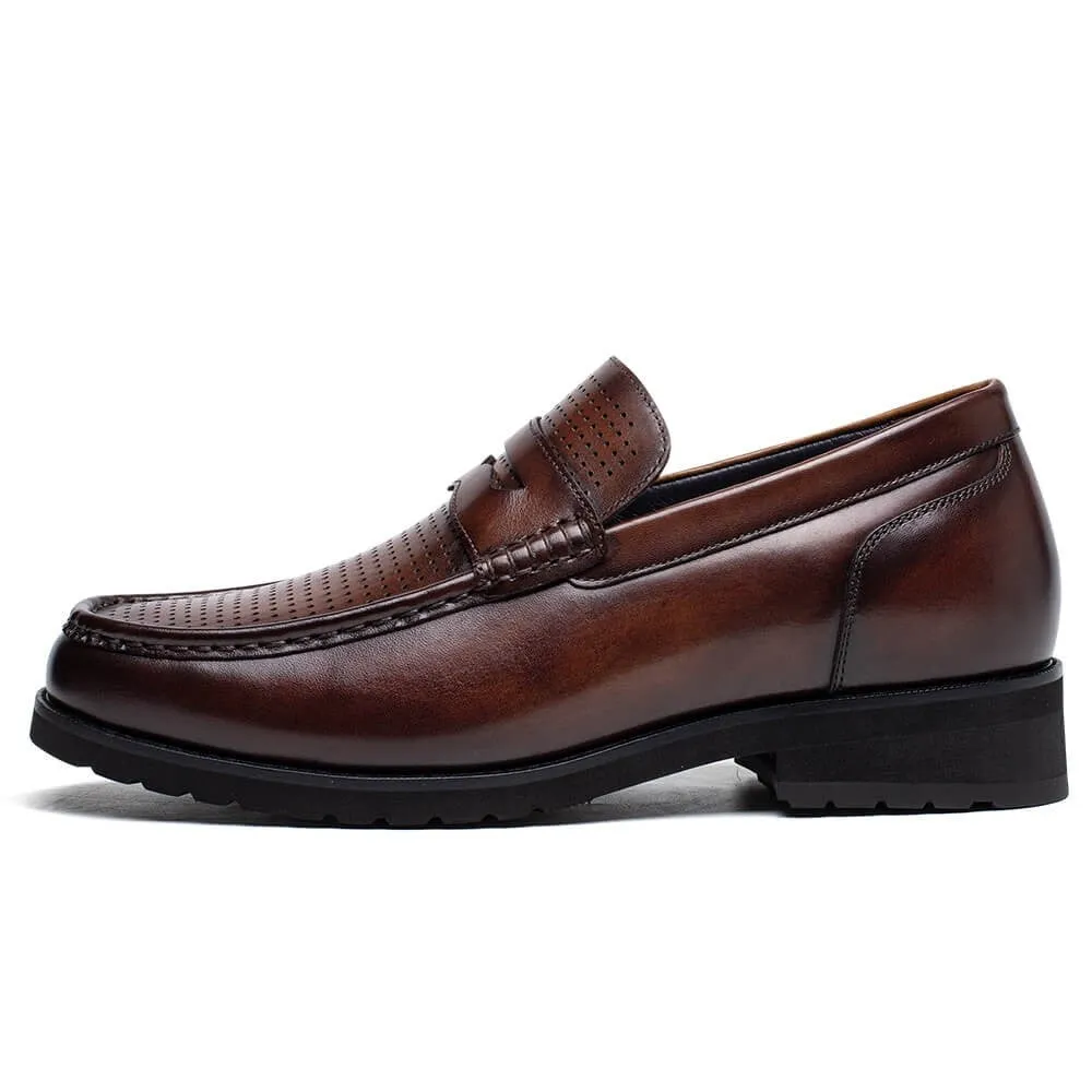 6 CM/2.36 Inches CMR CHAMARIPA Brown Cowhide Leather Slip-On Loafers for Men - Elevate Your Casual Style Heeled Loafers Leather