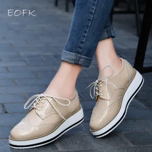Tan Oxfords EOFK Brand Spring Women Platform Shoes Woman Brogue Patent Leather Flats Lace Up Footwear Female Flat Oxford Shoes For Women