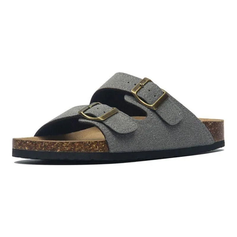 Raffia Slippers Summer Men's Cork Sandals Genuine Suede Leather Mule Clogs With Two Buckle Beach Slides Birkenstock Style For Men Sizes up to 45