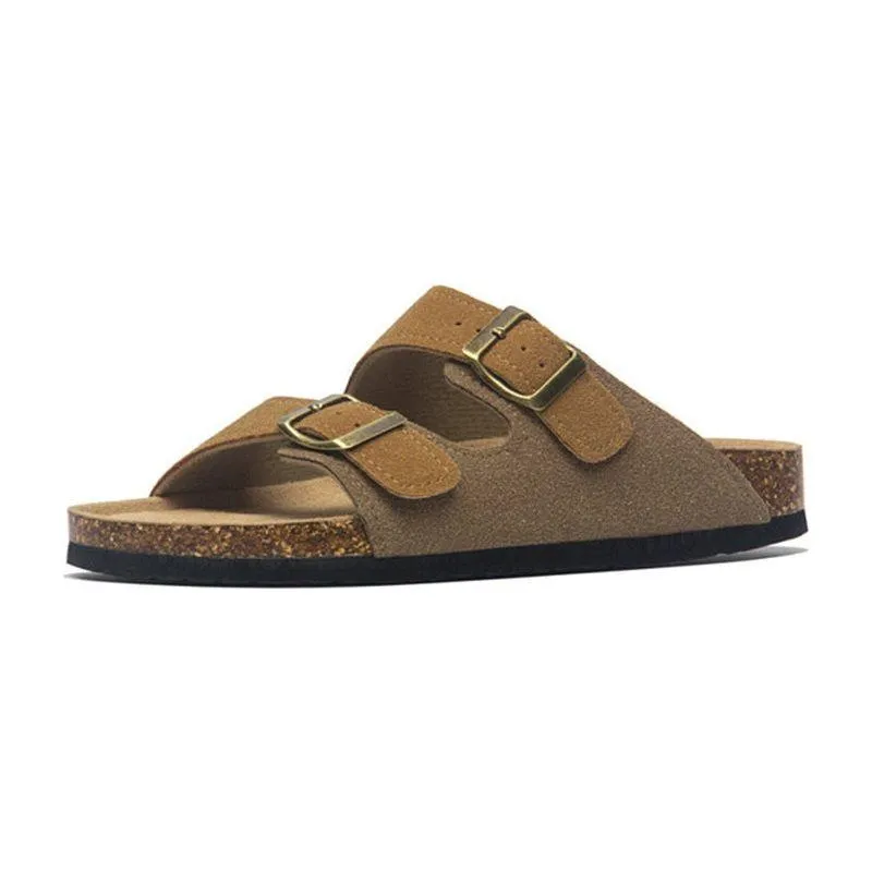 Summer Men's Cork Sandals Genuine Suede Leather Mule Clogs With Two Buckle Beach Slides Birkenstock Style For Men Sizes up to 45 Slides With A Bow