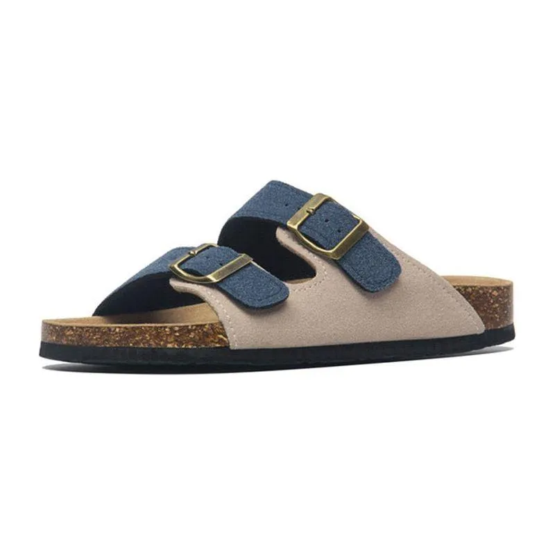 Summer Men's Cork Sandals Genuine Suede Leather Mule Clogs With Two Buckle Beach Slides Birkenstock Style For Men Sizes up to 45 Victoria Robe And Slippers