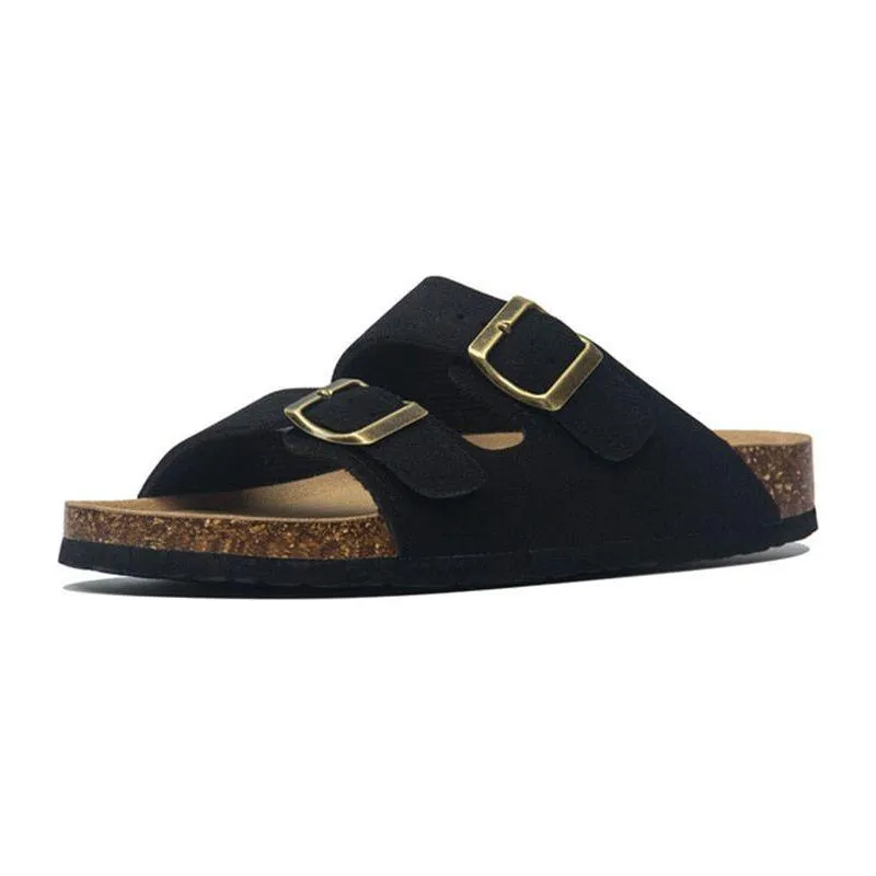 Printed Slides Summer Men's Cork Sandals Genuine Suede Leather Mule Clogs With Two Buckle Beach Slides Birkenstock Style For Men Sizes up to 45