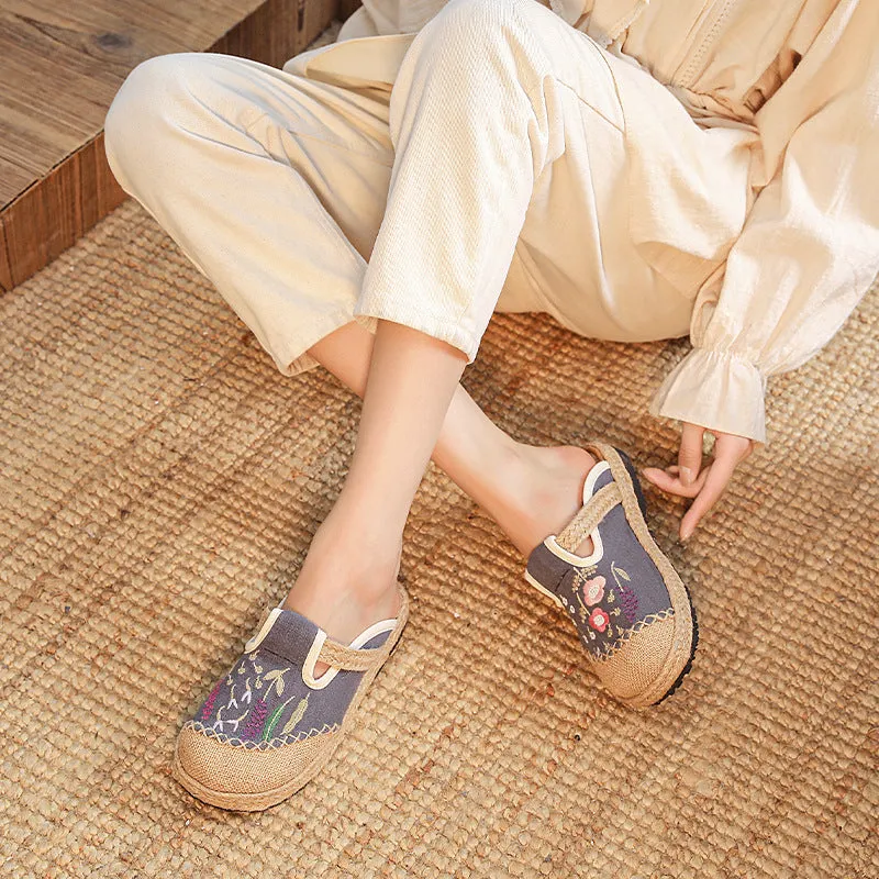 Slides Footwear Summer New Ethnic Style Embroidered Slippers Women's Beef Tendon Bottom Cloth Shoes Women Hand-woven Linen Straw Shoes