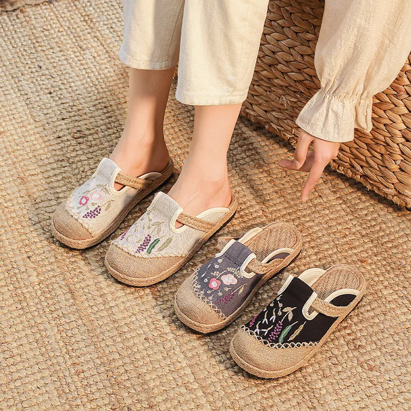 Summer New Ethnic Style Embroidered Slippers Women's Beef Tendon Bottom Cloth Shoes Women Hand-woven Linen Straw Shoes Shearling House Slippers
