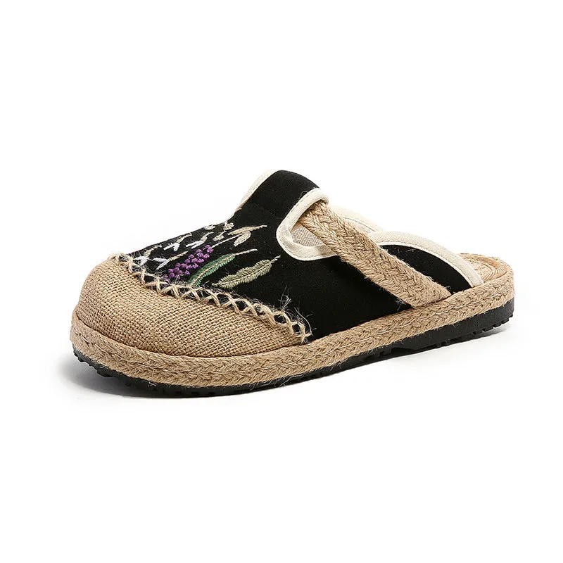 Shoes That Look Like Ballet Slippers Summer New Ethnic Style Embroidered Slippers Women's Beef Tendon Bottom Cloth Shoes Women Hand-woven Linen Straw Shoes