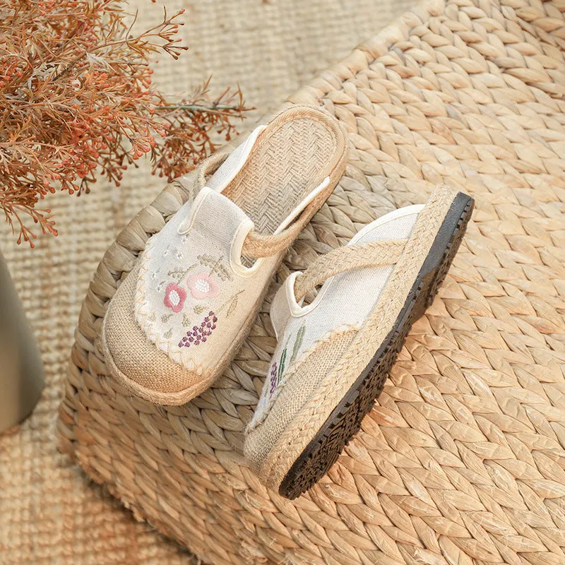 Summer New Ethnic Style Embroidered Slippers Women's Beef Tendon Bottom Cloth Shoes Women Hand-woven Linen Straw Shoes Customizable Slippers