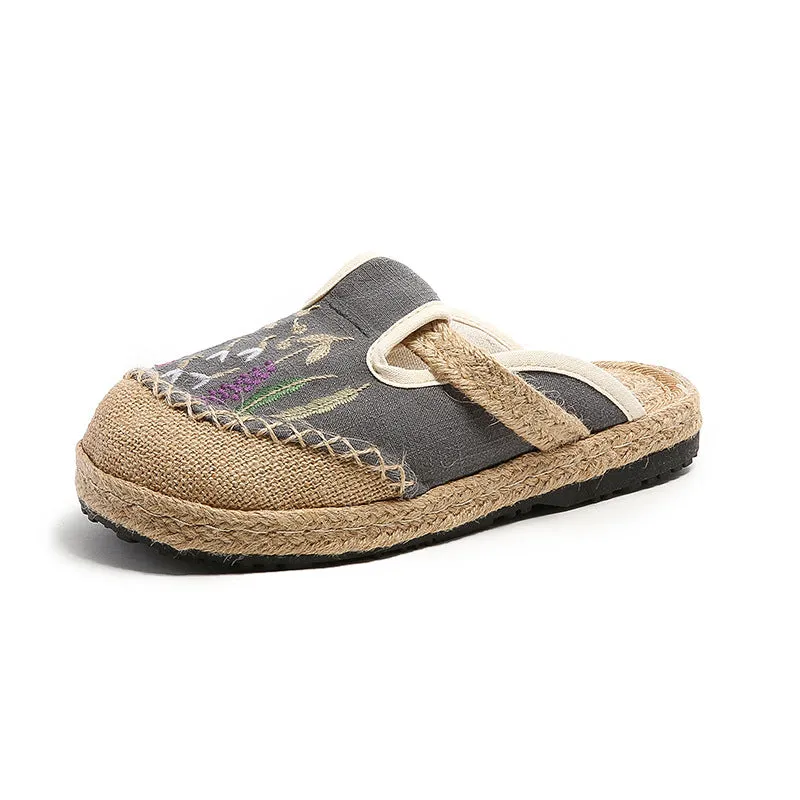 Summer New Ethnic Style Embroidered Slippers Women's Beef Tendon Bottom Cloth Shoes Women Hand-woven Linen Straw Shoes Chiikawa Slippers