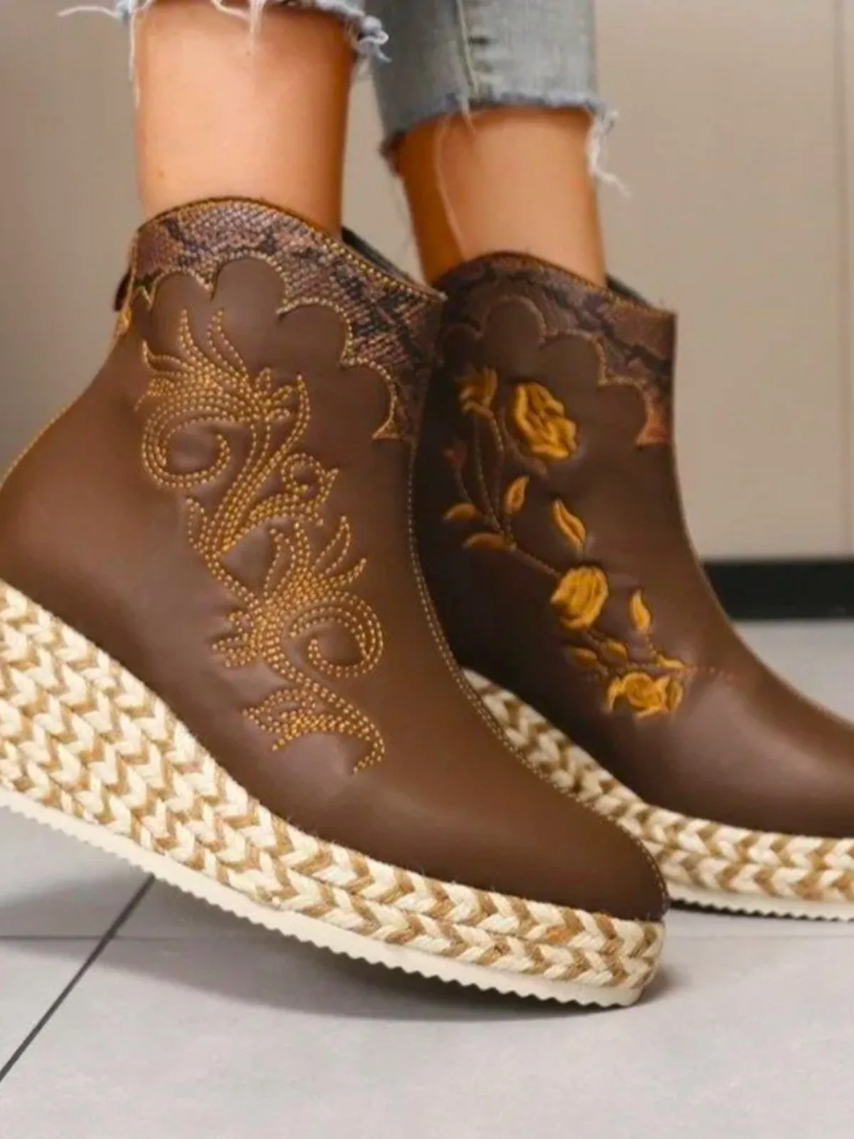 Fiara Floral Embroidered Platform Ankle Boots Sandals Flat Strappy