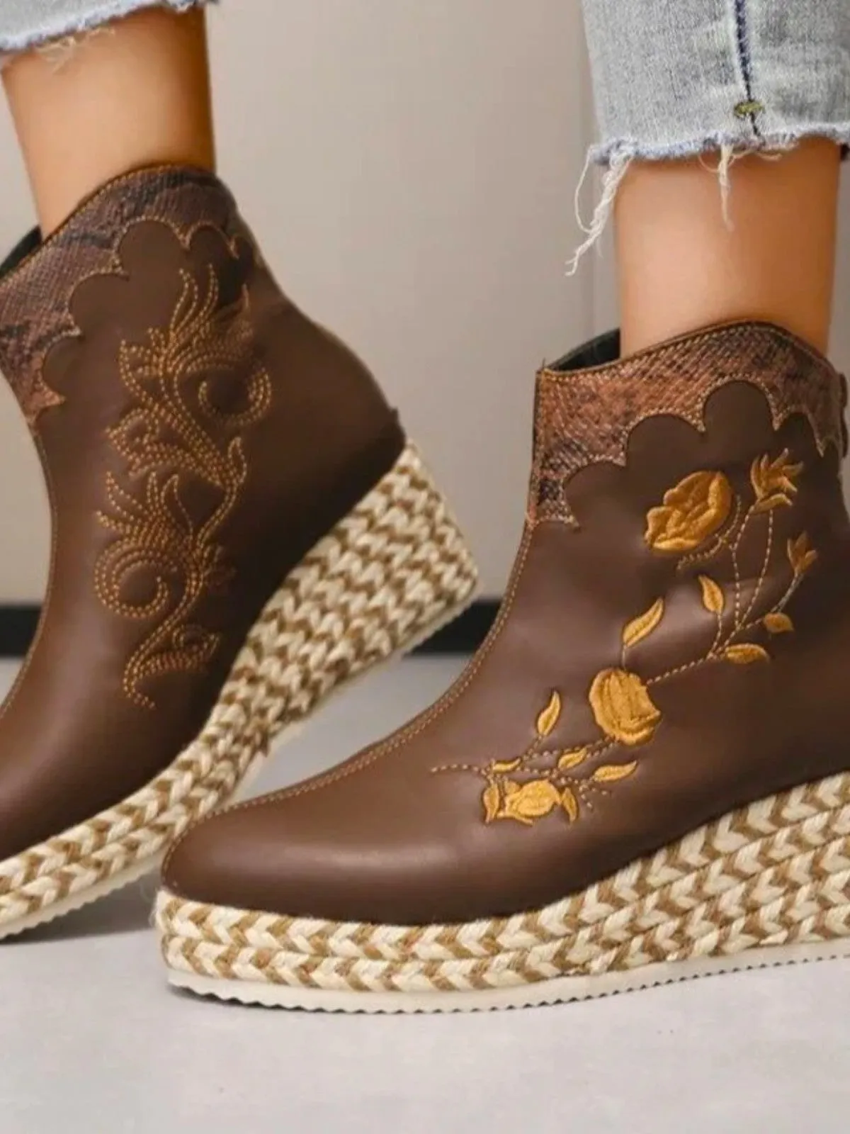Fiara Floral Embroidered Platform Ankle Boots Mexican Huarache Sandals