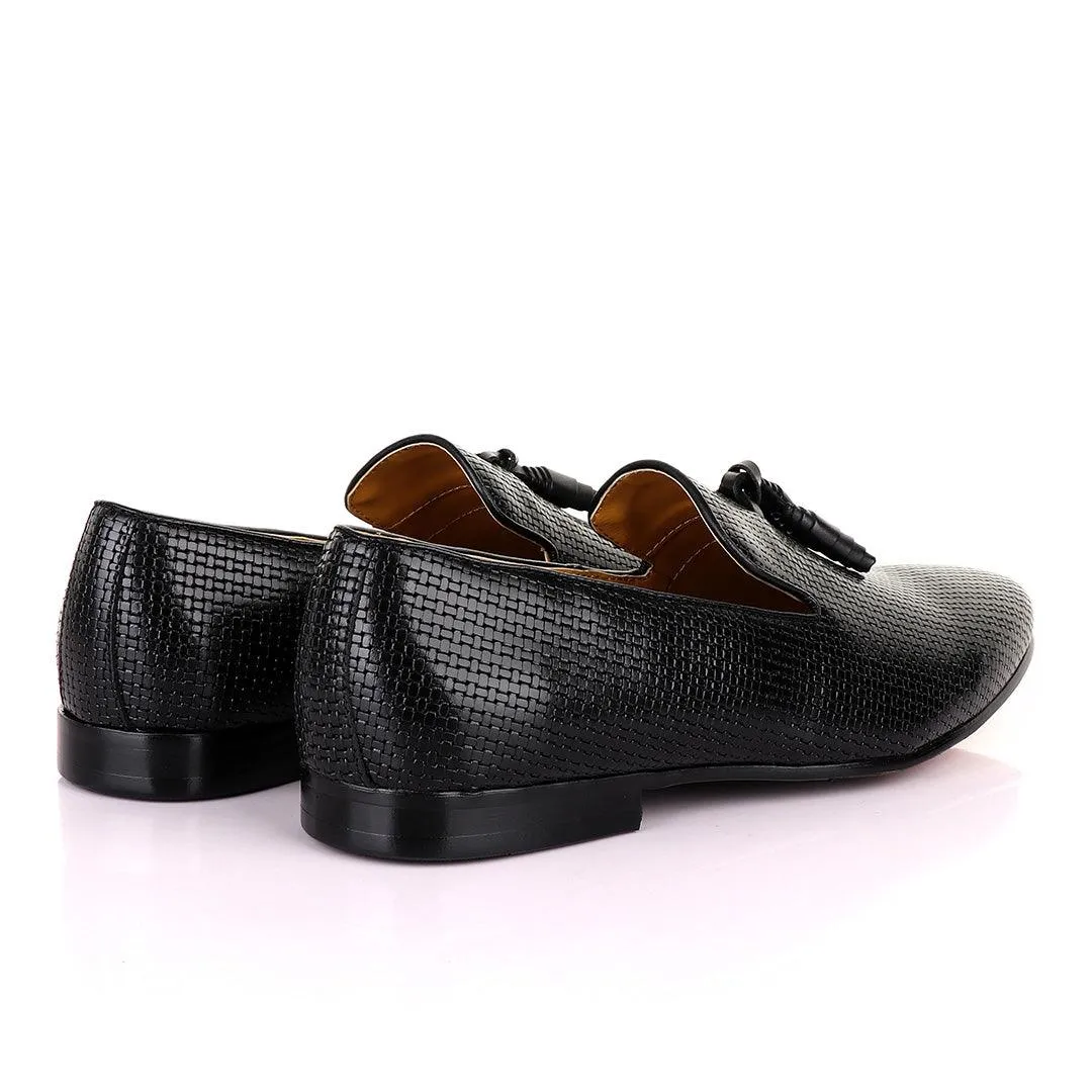 John Mendson Woven Knitted Black Leather Tassel Loafers Gold Loafers