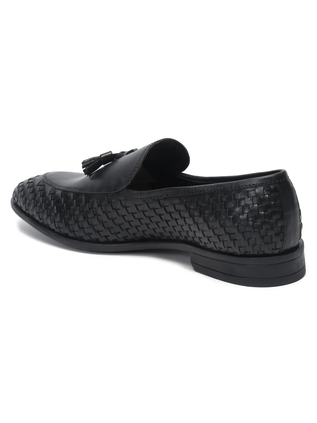 Teakwood Leather Men Black Basket Weave loafers Loafers Velvet