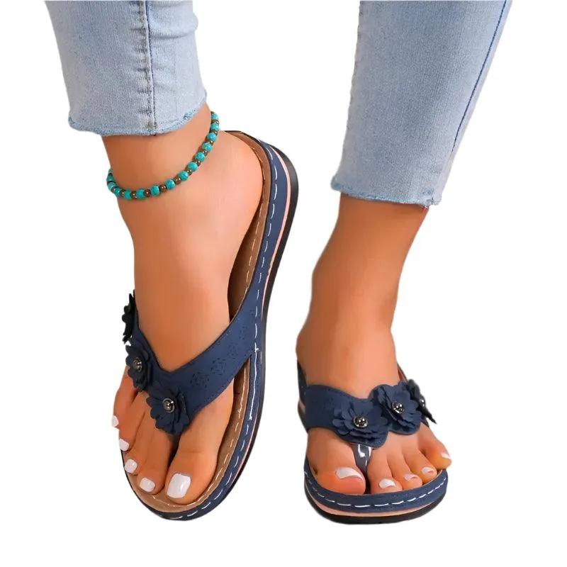Toe Summer Shoes Women's Slippers: Sweet Three Flowers Platform Sandals Flexus Flip Flops