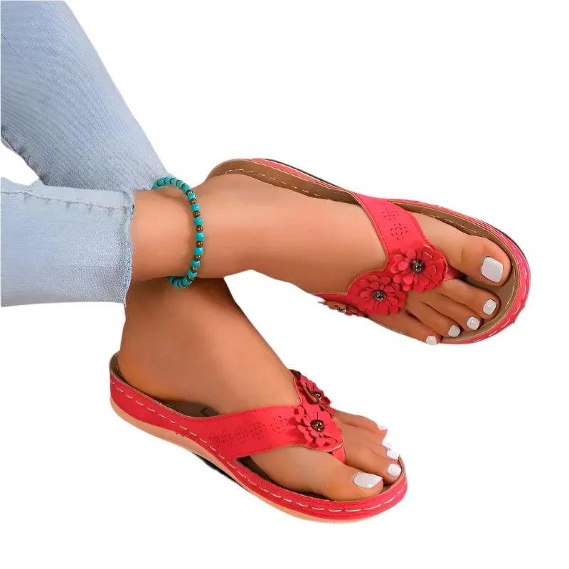 Flip Flops With Can Opener Toe Summer Shoes Women's Slippers: Sweet Three Flowers Platform Sandals