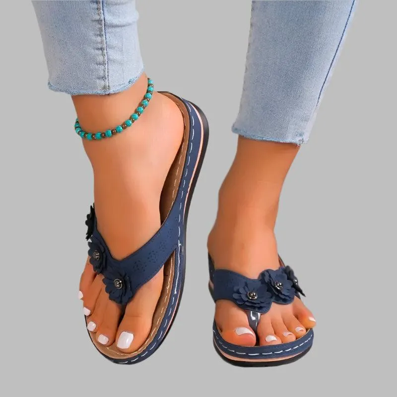 Vionic Tide Flip Flops Toe Summer Shoes Women's Slippers: Sweet Three Flowers Platform Sandals
