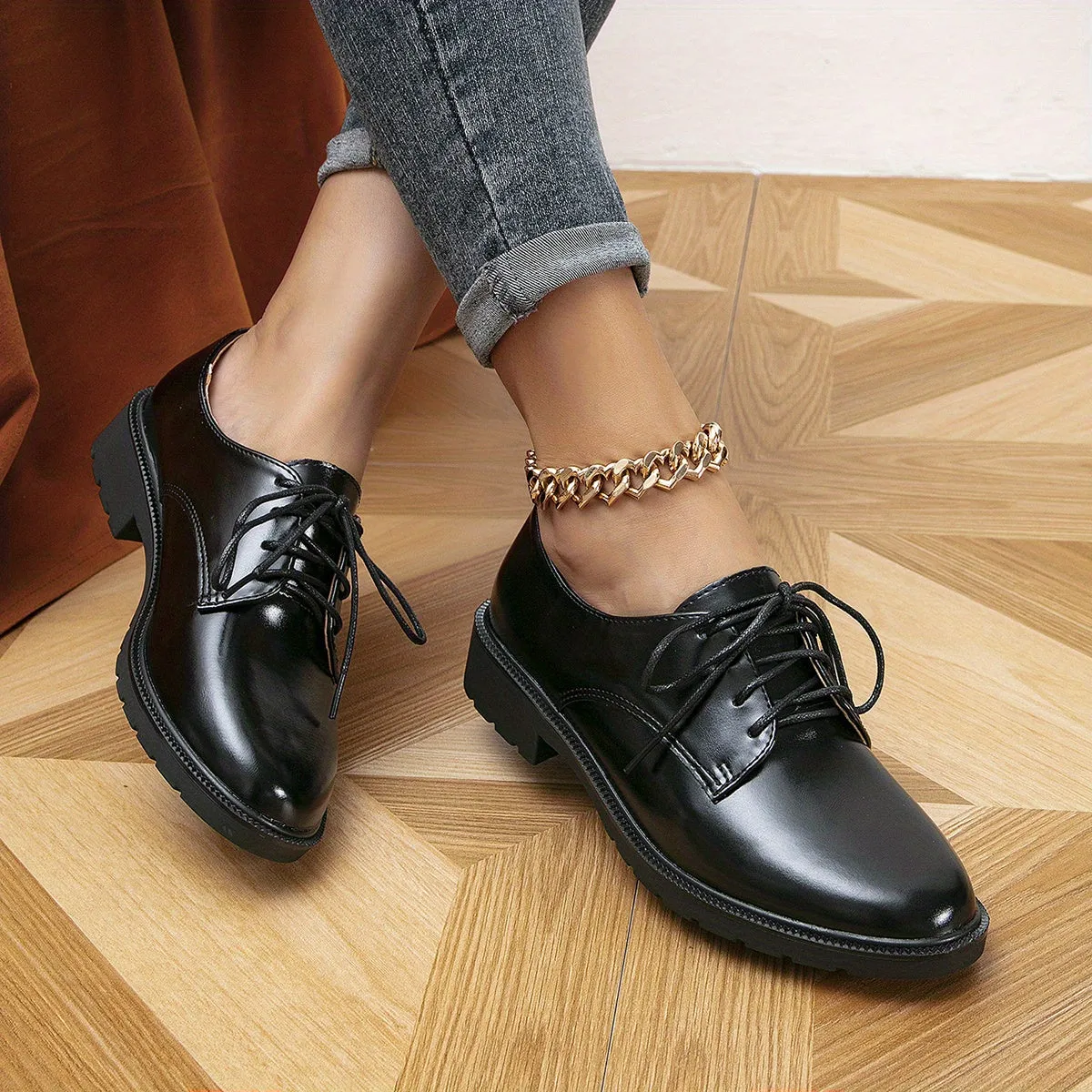 Ivyshape | Black Orthopedic Loafers Lace-Up Shoes for Women Style Chunky Loafers