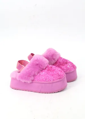 Women's Sequined Fur Platform Slippers,Pink Best Slides Dupes