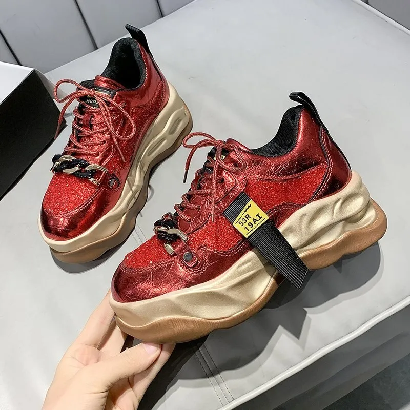 All Stars Sneakers Sequined Bling Breathable Round Toe Red Shoes