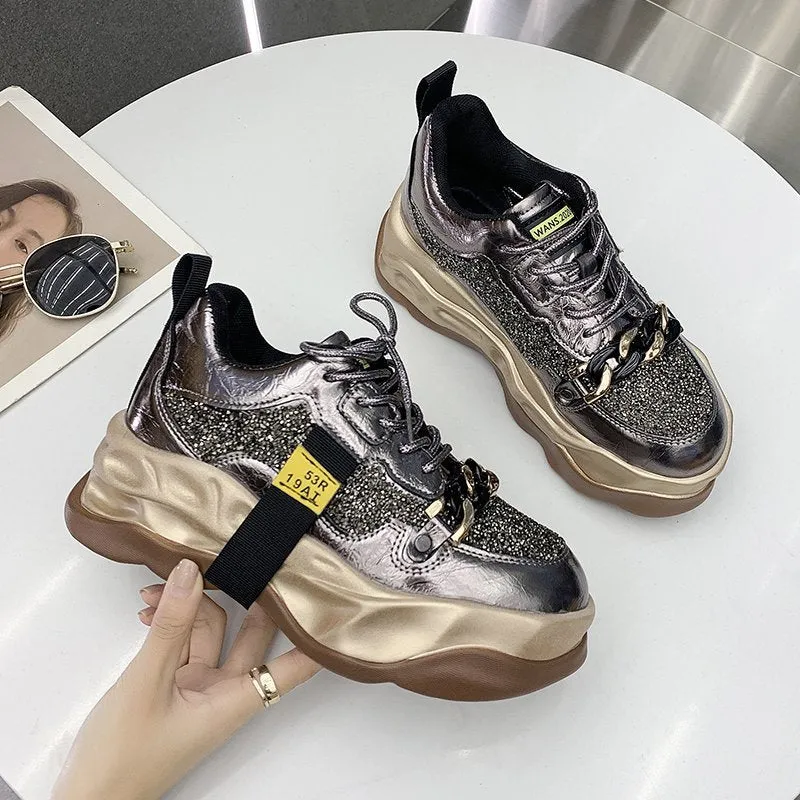 Sequined Bling Breathable Round Toe Red Shoes Sneakers Dress Pants