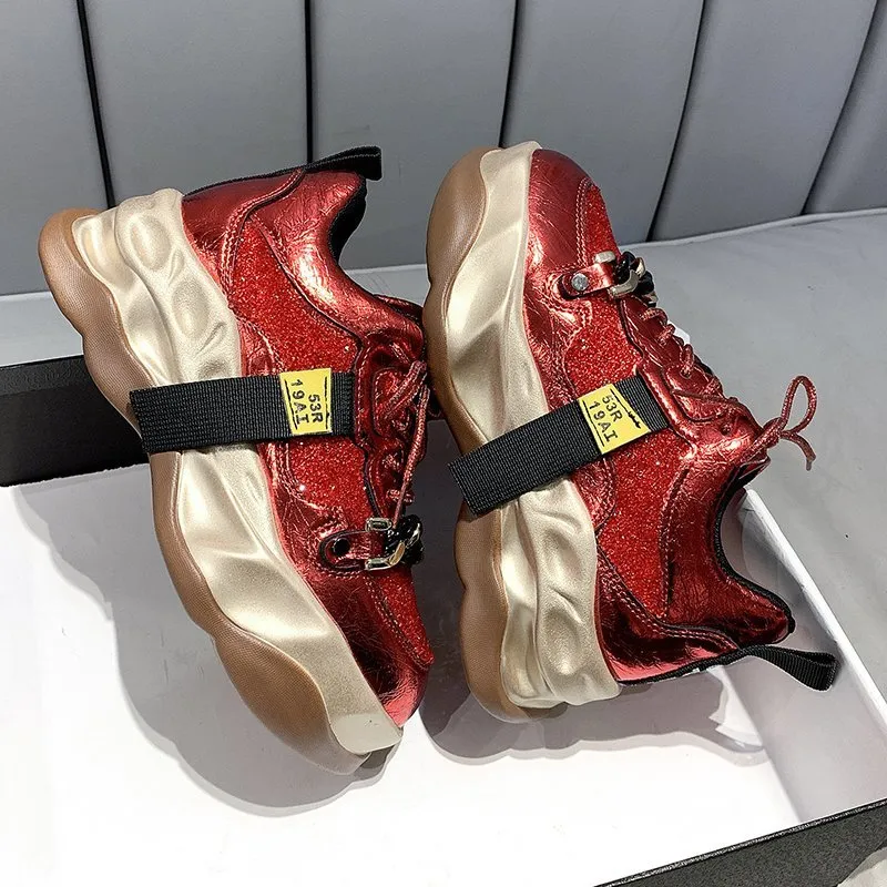 Sequined Bling Breathable Round Toe Red Shoes Soccer Sneakers