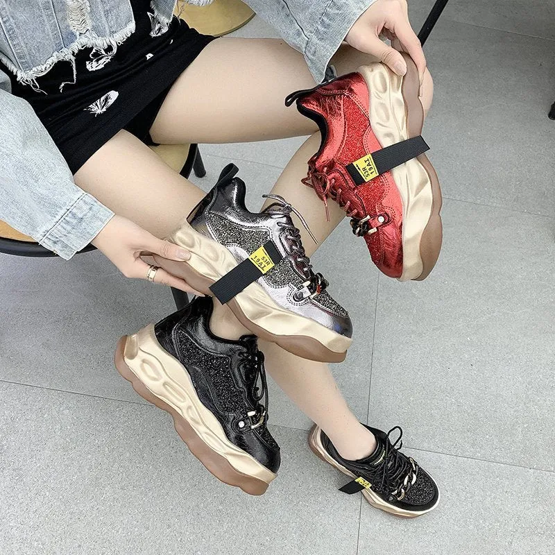 Sequined Bling Breathable Round Toe Red Shoes Ankle Support Sneakers