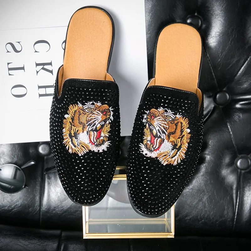 Designer Brand Luxury Black Half Shoes For Men Leather Shoes Mens Mules Casual Slides Slippers Sandals Men Fashion Mocassin Cowboy Boot Slippers