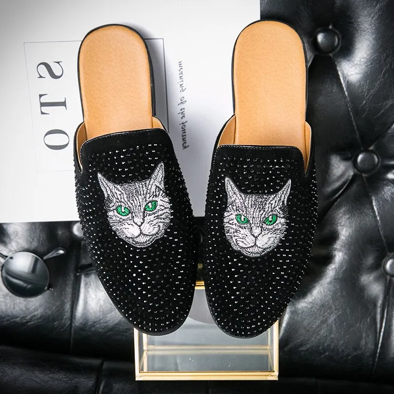 Designer Brand Luxury Black Half Shoes For Men Leather Shoes Mens Mules Casual Slides Slippers Sandals Men Fashion Mocassin Slippers With Bling