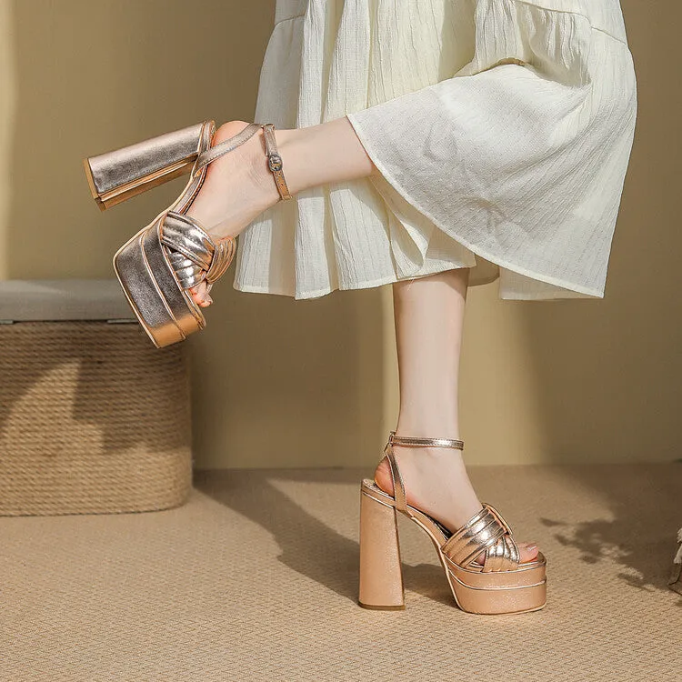 Women's Patent Roman Gladiator Block Chunky Heel Platform Sandals Low Wedge Heeled Sandals